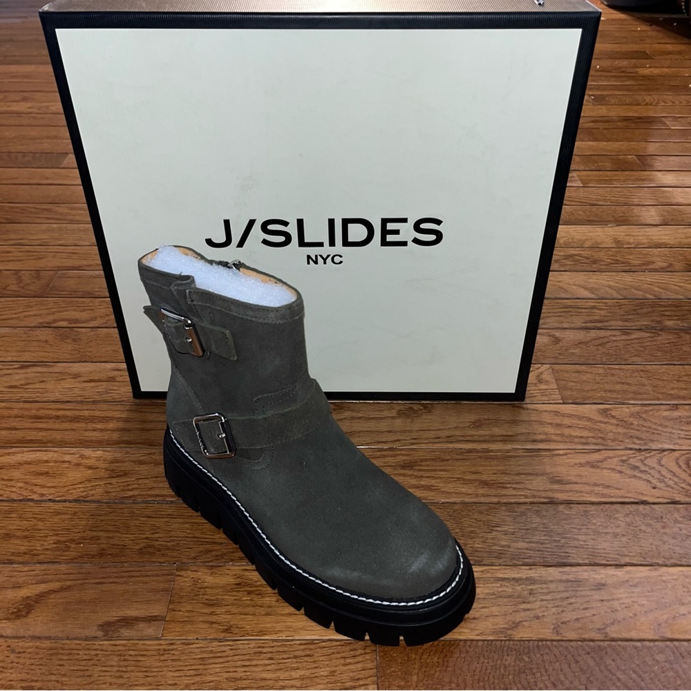 J/Slides Texas Suede Double Buckle Booties Khaki Gray Women’s Size 6.5